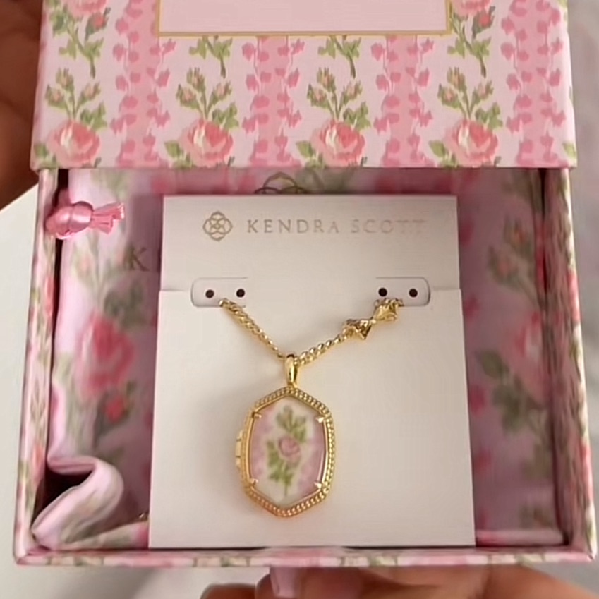 Loveshackfancy X Kendra Scott Blooming Heirloom Pink Locket Gold Bow Necklace
